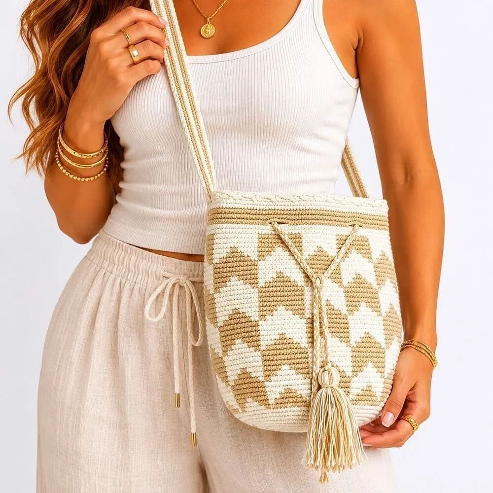 Handmade Crochet Bucket Crossbody Bag Boho Neutral Woven Tassel Purse